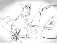 drawing monochrome topless low_angle shrunken_woman looking_down pencil_drawing snake_girl looking_at_tiny