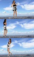 giantess crush collage city high_heels buildings helicopter brunette unknown_artist walking skyscraper clouds sky looking_at_viewer panels source_needed