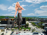 giantess collage blonde high_heels buildings wonderslug belly looking_down streets vehicles sky vehicle_crush leather_pants elizabeth_gorman
