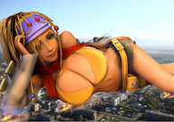 giantess collage city mega destruction cleavage green_eyes rikku final_fantasy lying_down fire