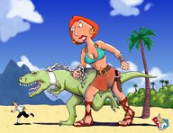breasts drawing giantess small_man mega color cleavage skirt pet red_hair dinosaur running family_guy leash sky milf earrings belt lois_griffin tyrannosaurus_rex
