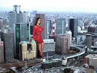 giantess collage city black_hair cleavage high_heels dress legs leaning looking_at_viewer zed782