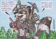 drawing giantess furry tail color clothed brunette muscles cerberus raccoon forest captured adventure trees dialogue source_needed camping treasure compass bare_midriff