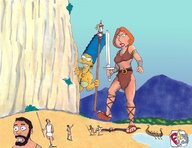 breasts drawing giantess crush mega color beach lois cleavage blue_hair island red_hair sandals foot_crush marge_simpson simpsons running giantesses family_guy marge the_simpsons milf belt lois_griffin explorers spear gulliver63 yellow_skin