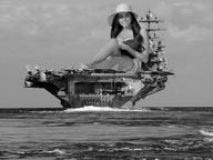 giantess collage monochrome ocean brunette smiling hand hat aircraft_carrier zed782