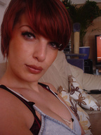 collage cleavage red_hair short_hair shrunken_man point_of_view looking_at_viewer between_breasts