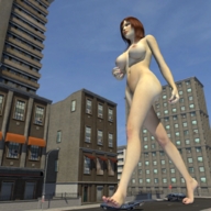 breasts giantess nude city barefoot buildings low_angle red_hair streets pedicure vehicle_crush redfiredog digital_render