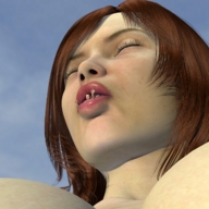 giantess vore mouth low_angle red_hair shrunken_man redfiredog digital_render