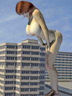 breasts giantess nude small_man city barefoot buildings huge_breasts red_hair sky looking_at_victim rooftop redfiredog digital_render