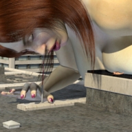 breasts giantess small_man city buildings breast_crush red_hair hand underneath pinned manicure rooftop redfiredog digital_render