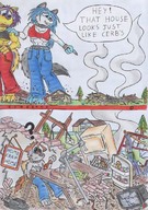 drawing giantess furry comic color destruction purple_hair blue_hair foot_crush cerberus houses looking_at_tiny tirrel