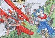 drawing giantess color destruction bat blue_hair cerberus airplane fighting road aircraft chasing tirrel blue_fur foot_prints