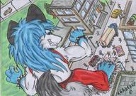 drawing furry city color destruction blue_hair blood foot_crush cerberus civilians tirrel
