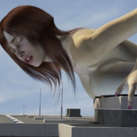 breasts crush buildings breast_crush domination red_hair shrunken_man cruel underneath rooftop redfiredog digital_render