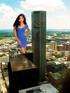 giantess collage landscape city buildings brunette wonderslug dress skyscraper earrings looking_at_viewer rooftop carla_ossa