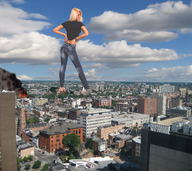 giantess collage city blonde destruction clothed buildings helicopter wonderslug fire smoke clouds sky manicure behind_view