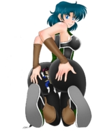 drawing color butt blue_eyes clothed shoes love kneeling shrunken_man looking_back looking_at_viewer