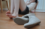 crush collage feet mega black_hair clothed boots surprised unaware shrunken_man houses