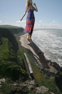 collage mega blonde beach barefoot ocean train dress walking shakira sand standing sky curly_hair closed_eyes long_dress accasbel singer heel_lift