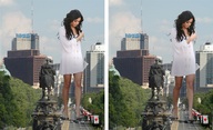 giantess collage city high_heels buildings brunette dress legs walking looking_down streets philadelphia white_dress vanessa_hudgens vehicle_crush monument accasbel