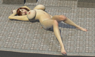 breasts giantess nude small_man city barefoot buildings huge_breasts red_hair lying_down pedicure redfiredog digital_render