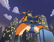 breasts drawing giantess panties furry tail anthro city mega upskirt color large_breasts buildings blue_hair angry fox low_angle gloves police ponytail sky jacket point_of_view earrings belt stars evening zipper orange_skin bare_legs carmelita_fox bare_midriff police_officer sly_cooper_(series)