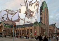drawing giantess collage handheld buildings anime gloves people streets sky