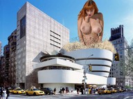 breasts growth giantess collage city destruction buildings low_angle outgrowing_building red_hair unknown_artist people streets vehicles