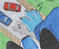 drawing small_man color paws cerberus vehicles point_of_view wolfess imminent_crush stepping_down blue_fur over_head_view