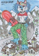 drawing giantess mega color destruction jeans blue_hair cerberus village mountains snow wolfess sports_bra mountain_village snowboard looking_at_tiny blue_fur curch