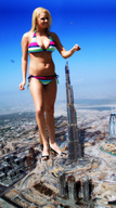 giantess collage landscape city mega blonde swimsuit cleavage high_heels buildings helicopter smiling unknown_artist burj_khalifa skyscraper sky earrings dubai