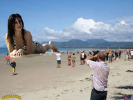 giantess collage beach cleavage ocean brunette lying_down sand people mountains sky sunbathing filming beach_goers lowerrider