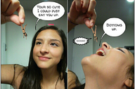 collage vore mouth handheld shrunken_woman dangle between_fingers dialogue panels looking_at_victim
