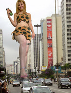 giantess collage city handheld barefoot skirt traffic buildings bus looking_down vehicles pedicure ankle_bracelet point_of_view top raised_foot implied_crush leopard_print cave_woman_outfit makeshift_clothing