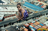 giantess city destruction barefoot helicopter brunette dress kneeling sunglasses highway aerial_view looking_at_viewer downward_angle lowerrider