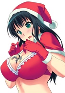 drawing gentle black_hair color large_breasts cleavage bra anime green_eyes teston christmas gloves shrunken_man trapped christmas_outfit red_bra santa_hat between_breasts