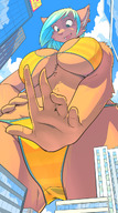 drawing macro anthro city cleavage low_angle hand looking_down clouds sky point_of_view