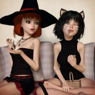 vore black_hair handheld green_eyes red_hair shrunken_woman cat_girl basket witch_hat digital_render saftkeur