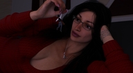 handheld cleavage glasses brunette shrunken_men hand shrunken_man dangle manicure necklace mike973 looking_at_tiny digital_render