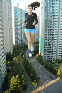 giantess collage city long_hair brunette wonderslug streets sneakers ear_phones jogging between_buildings nina_dobrev