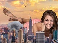 giantess collage city destruction barefoot military smiling unknown_artist jets skyscraper smoke sky looking_at_viewer