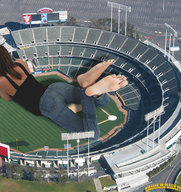 giantess collage feet clothed barefoot soles brunette lying_down sports_stadium downward_angle lowerrider