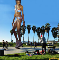giantess collage swimsuit park grass people dark_skin palm_trees roller_skates sidewalk lowerrider