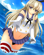 drawing giantess blushing blonde color ocean ribbon gloves airplane hand_crush sage sky sailor_outfit miniskirt kantai_collection striped_nylons shimakaze_(kantai_collection)