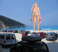 giantess collage swimsuit beach ocean wonderslug sand standing vehicles sky parking_lot resort beach_goers laura_acuña