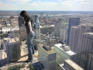 giantess collage city black_hair clothed buildings looking_down skyscraper streets vehicles philadelphia rooftop_view pacmanri