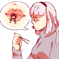 drawing giantess vore blushing color shrunken_men shrunken_man chopsticks