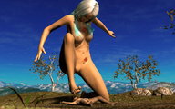 breasts giantess nude small_man foot_crush mountains outdoors sky under_foot tattoo raised_foot imminent_crush palislama looking_at_tiny digital_render
