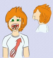 drawing giantess vore color green_eyes red_hair shrunken_men shrunken_man inside_mouth swallowed orange_hair blazingheaven