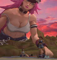 giantess giga city mega cleavage brunette multiple_sizes pink_hair mountains giantesses chun-li poison kadago sakura_kasugano digital_render asuka_kazama